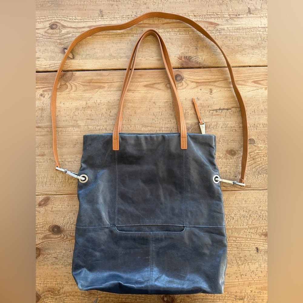 HOBO Blue Convertable Bag with Brown Leaf Patterned Interior - Picture 1 of 10